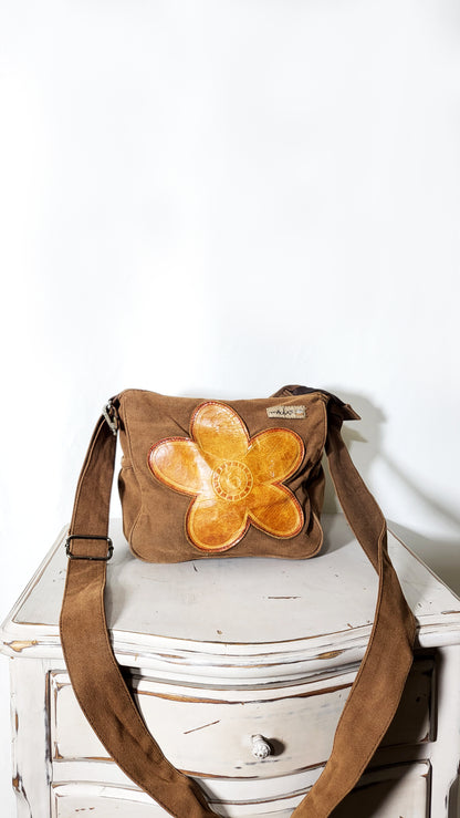 70s Hippie Revival Denim & Leather Flower Bag
