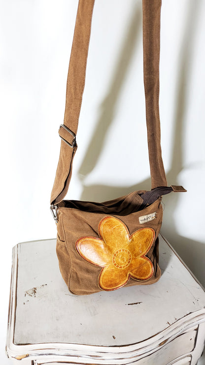 70s Hippie Revival Denim & Leather Flower Bag