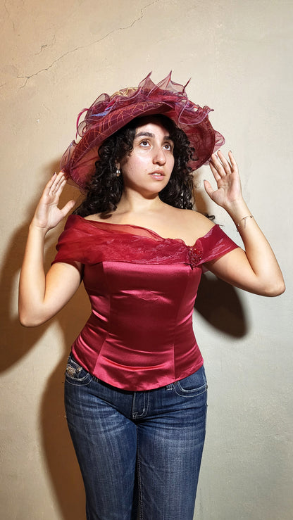 Crimson Satin Off-Shoulder Corset Top