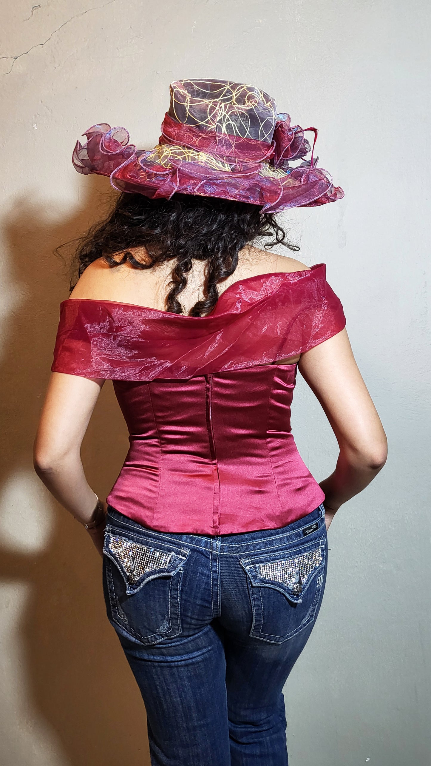 Crimson Satin Off-Shoulder Corset Top