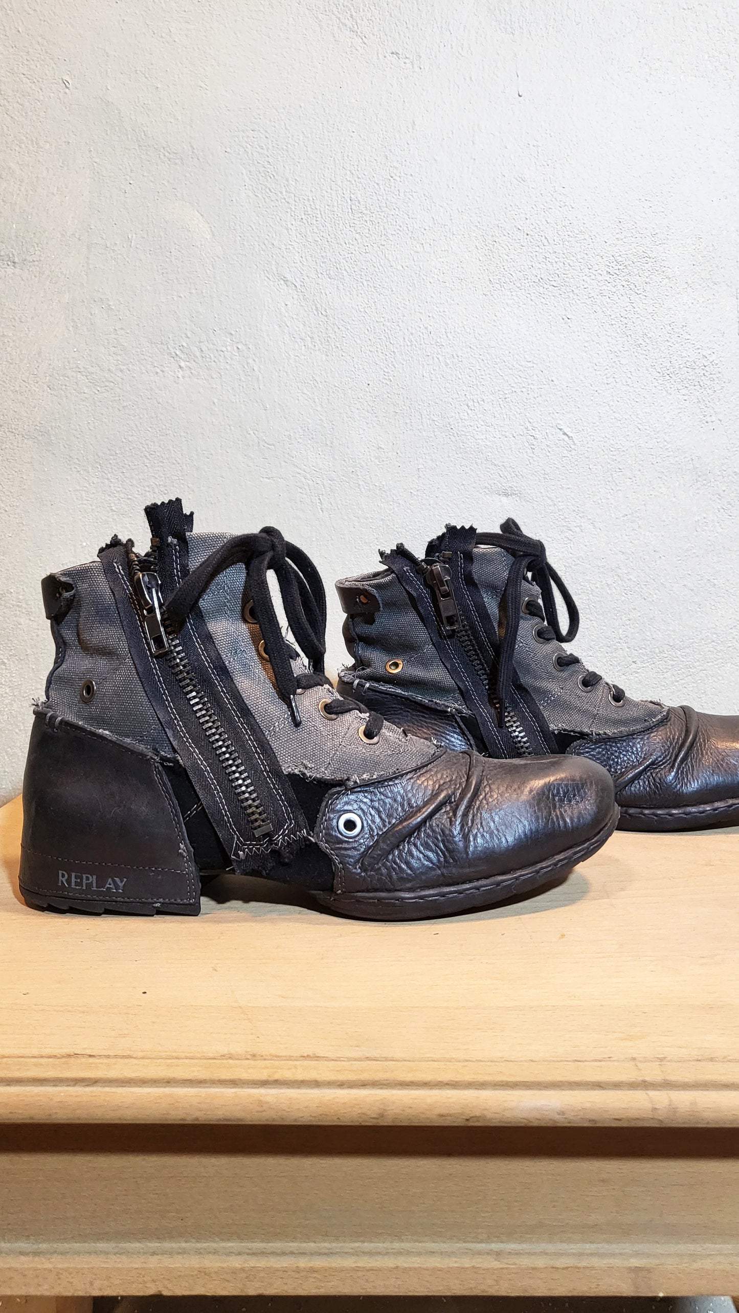 Replay Deconstructed Leather & Canvas Ankle Boots