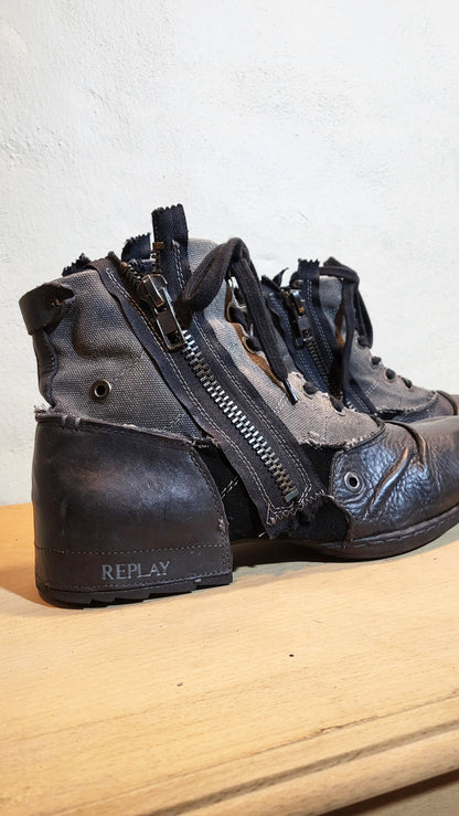 Replay Deconstructed Leather & Canvas Ankle Boots