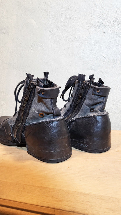 Replay Deconstructed Leather & Canvas Ankle Boots