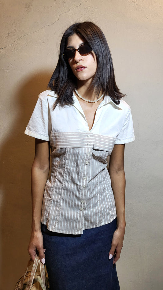 Two-Tone Pinstripe Button-Down Blouse