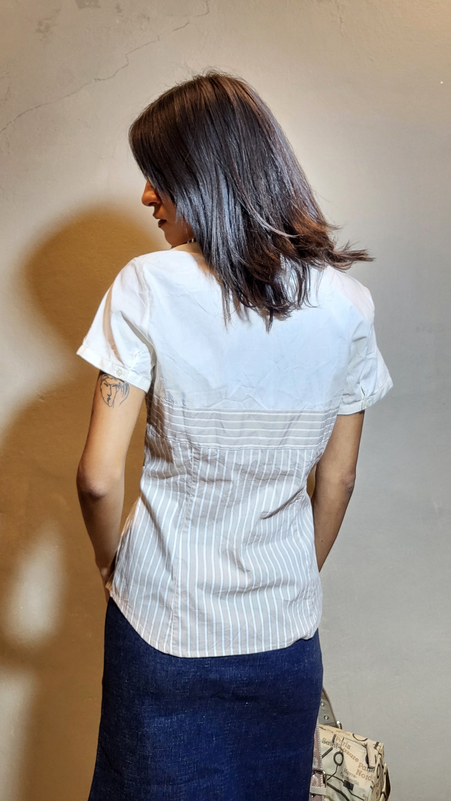 Two-Tone Pinstripe Button-Down Blouse