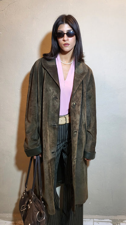 Green Suede Long Coat – Made in Italy