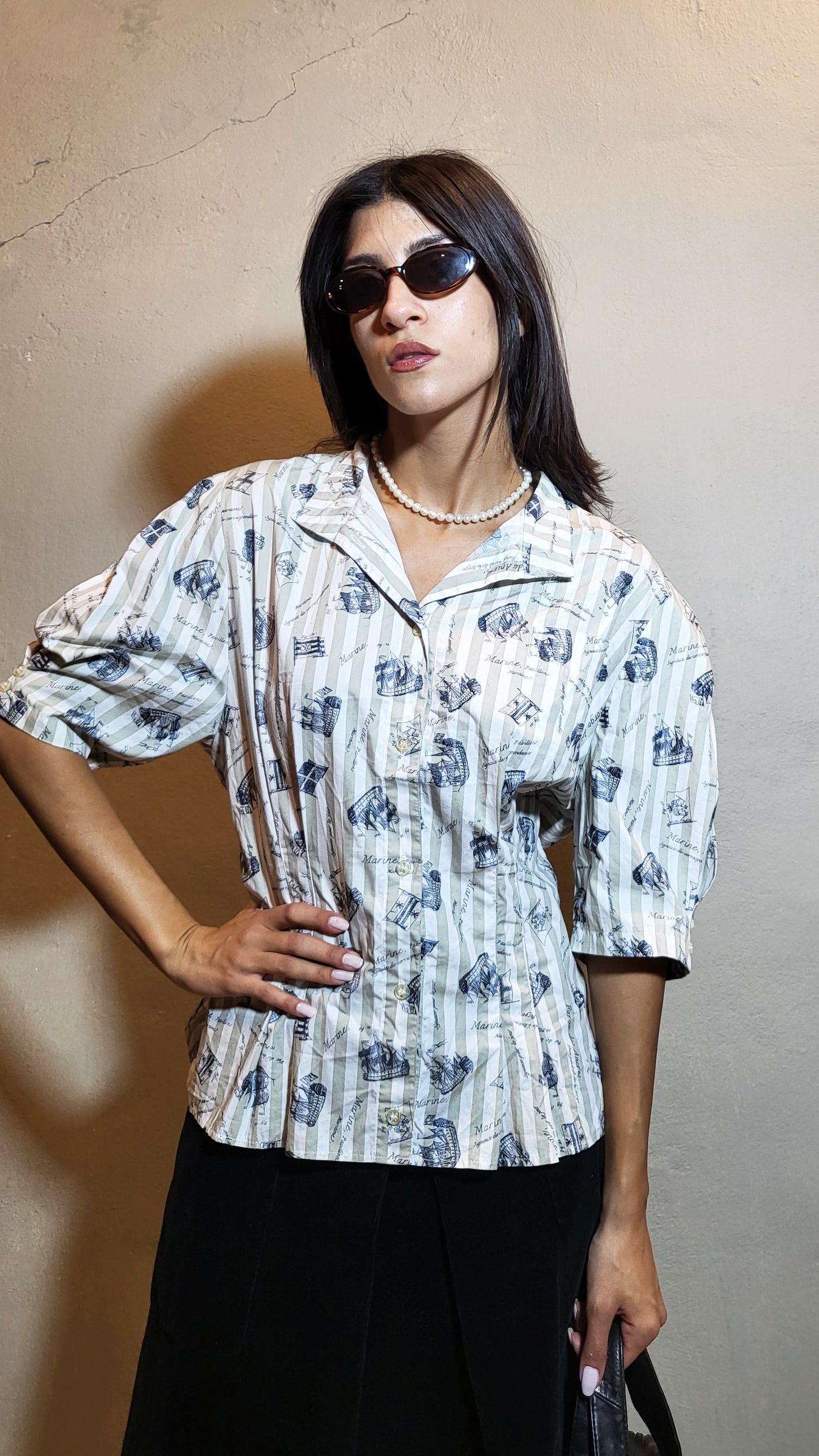 Vintage Nautical Print Button-Down Shirt