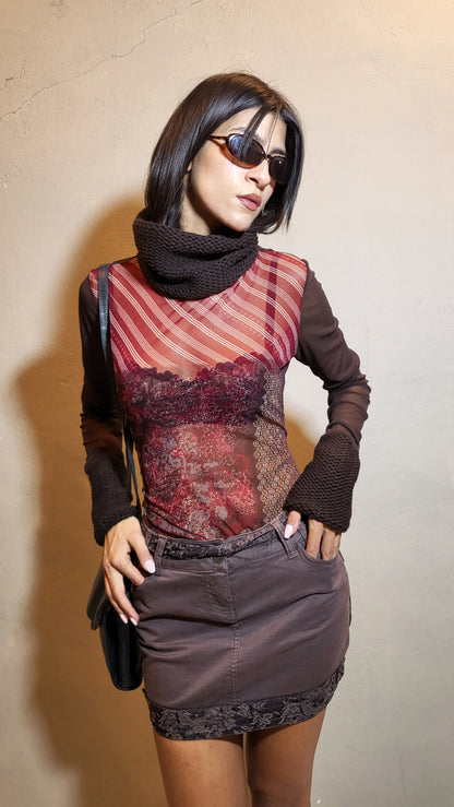 Mesh Top with Knit Collar & Cuffs