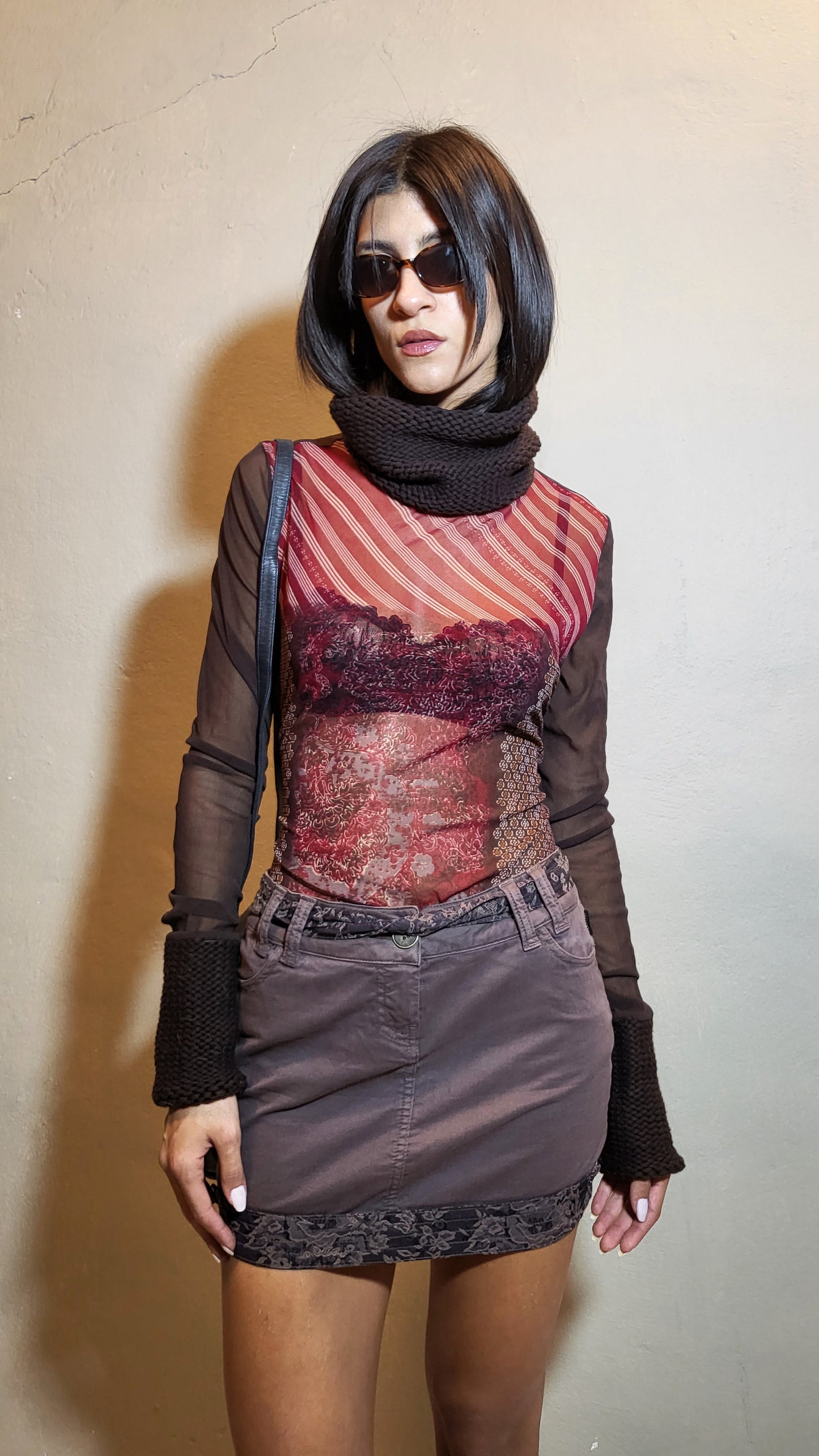 Mesh Top with Knit Collar & Cuffs