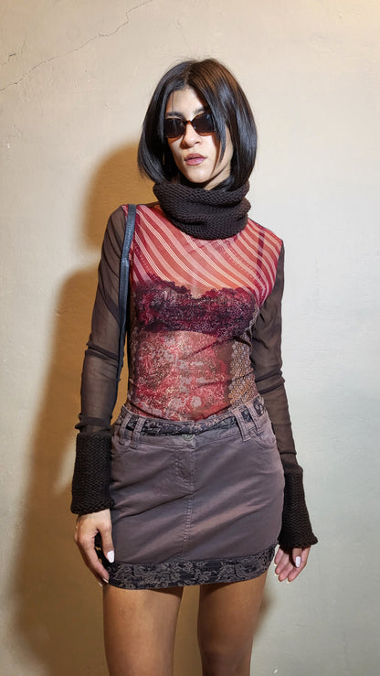 Mesh Top with Knit Collar & Cuffs