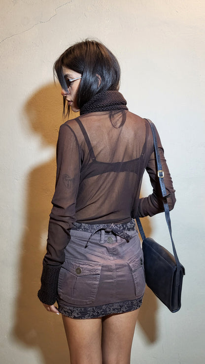 Mesh Top with Knit Collar & Cuffs