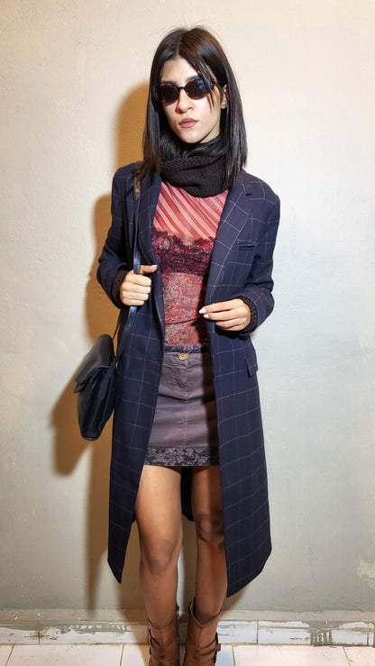 Navy Check Tailored Coat