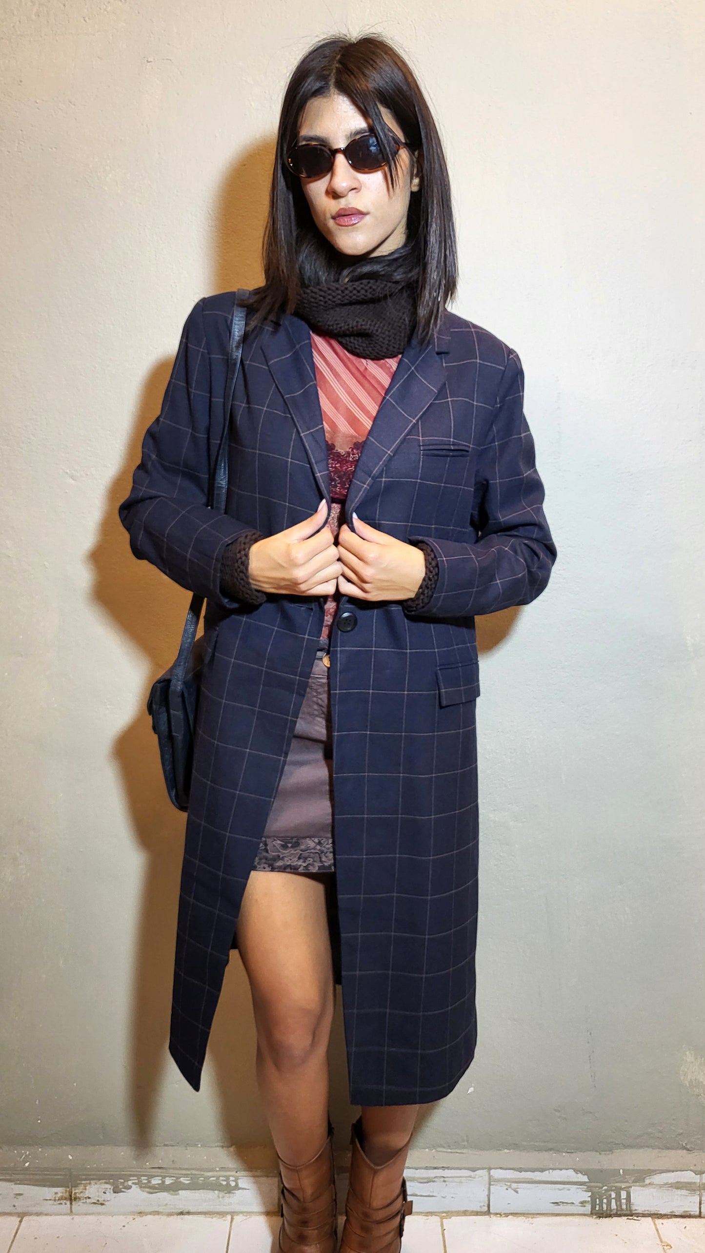 Navy Check Tailored Coat