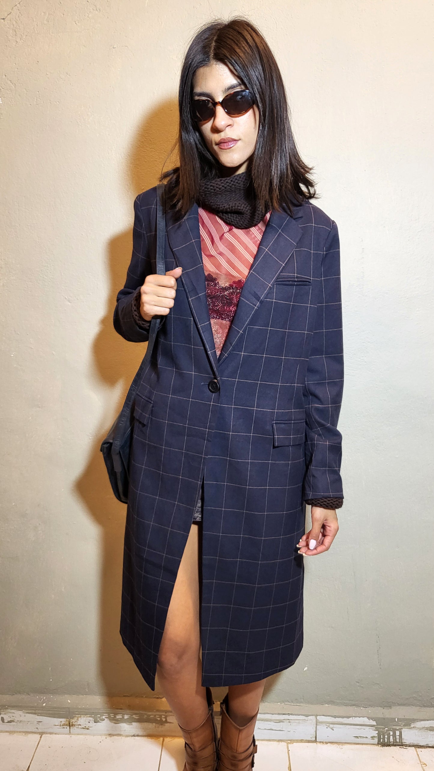 Navy Check Tailored Coat