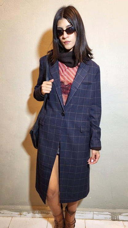 Navy Check Tailored Coat