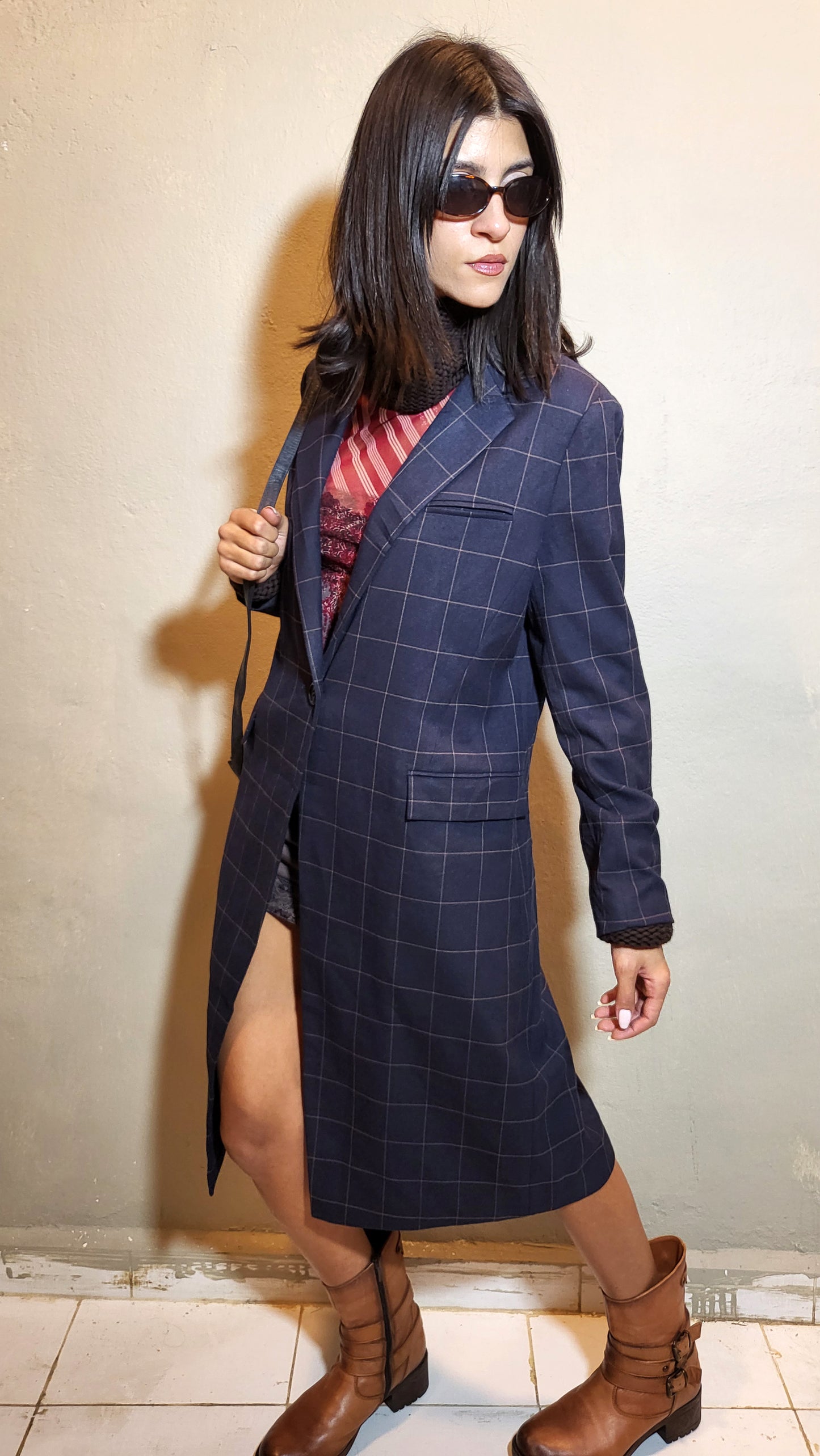 Navy Check Tailored Coat