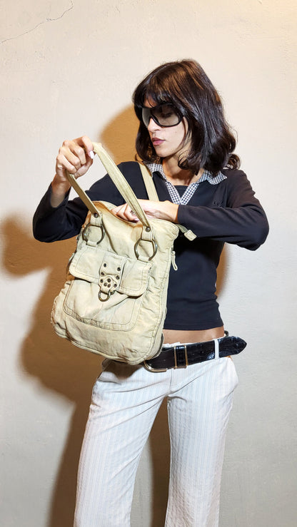 Beige Canvas Utility Shoulder Bag