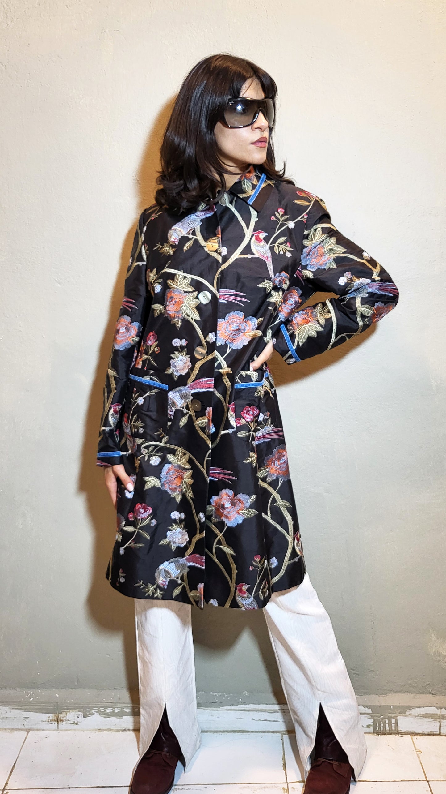 Embroidered Floral Satin Coat