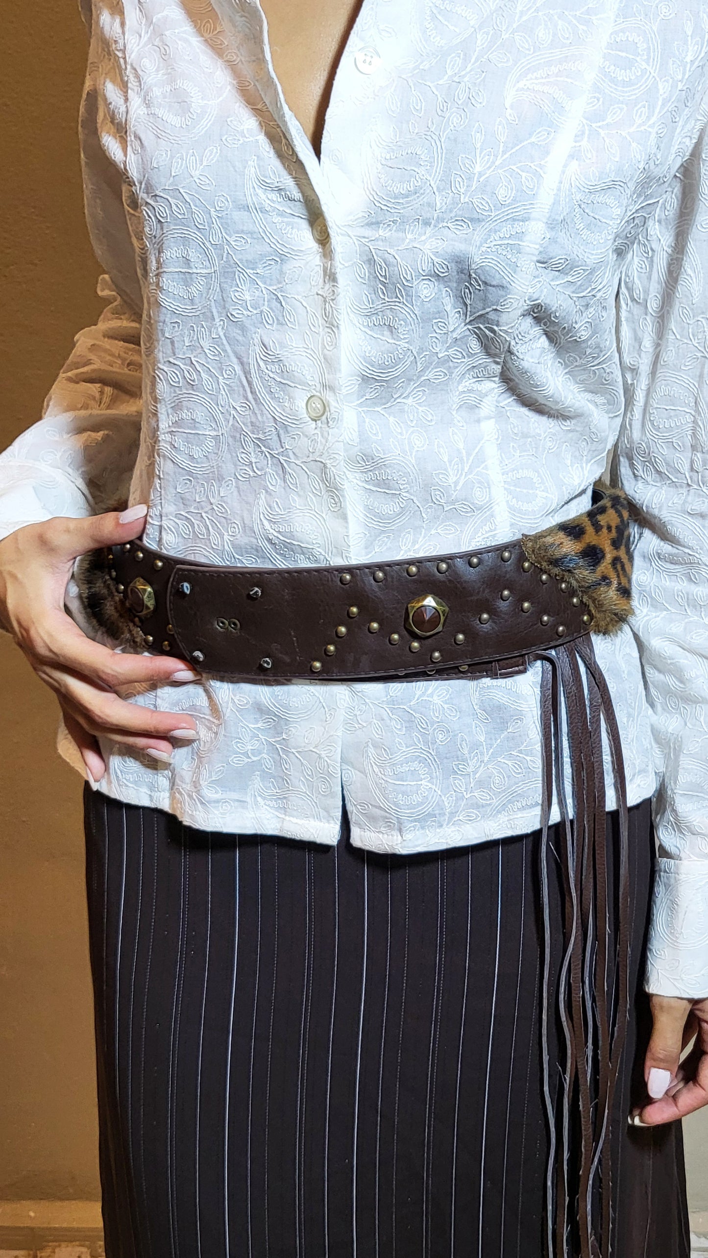 Leopard Fur & Leather Studded Belt