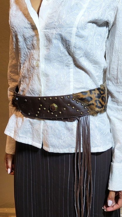 Leopard Fur & Leather Studded Belt