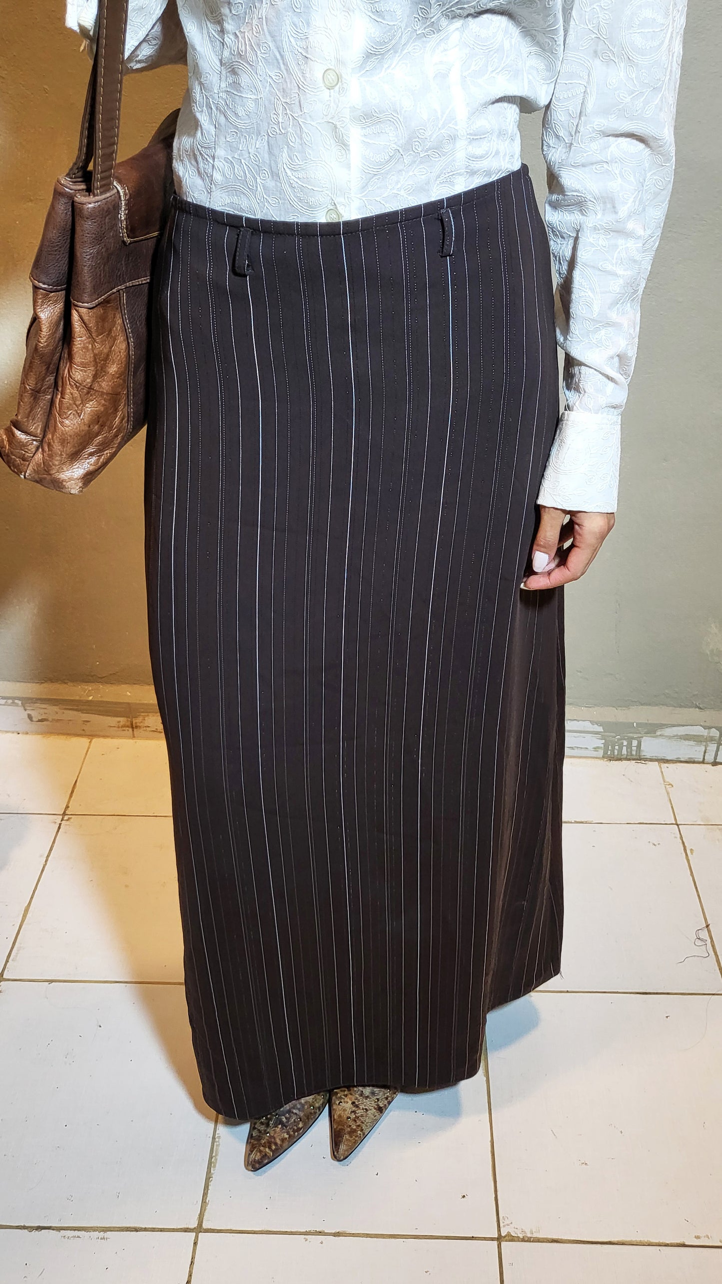 Brown Pinstripe Sparkle Maxi Skirt