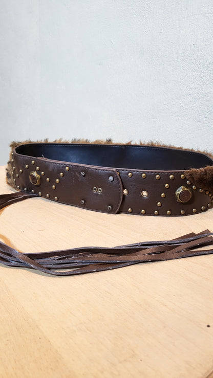 Leopard Fur & Leather Studded Belt