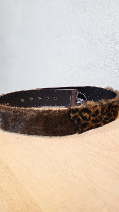 Leopard Fur & Leather Studded Belt