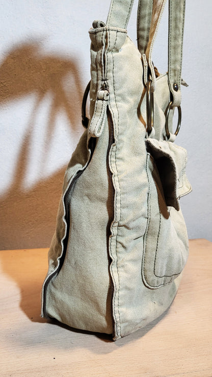 Beige Canvas Utility Shoulder Bag