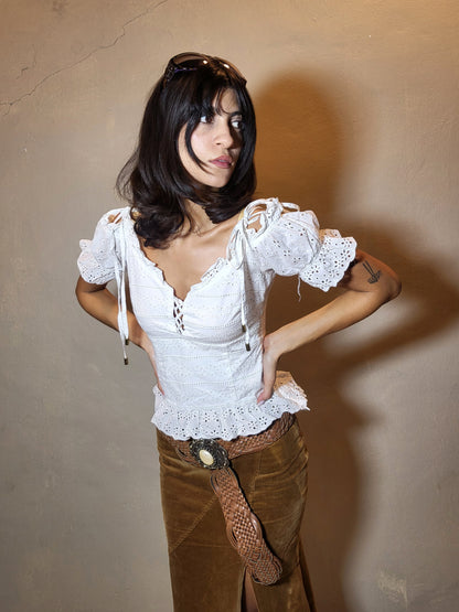 Guess Eyelet Lace-Up Peplum Top