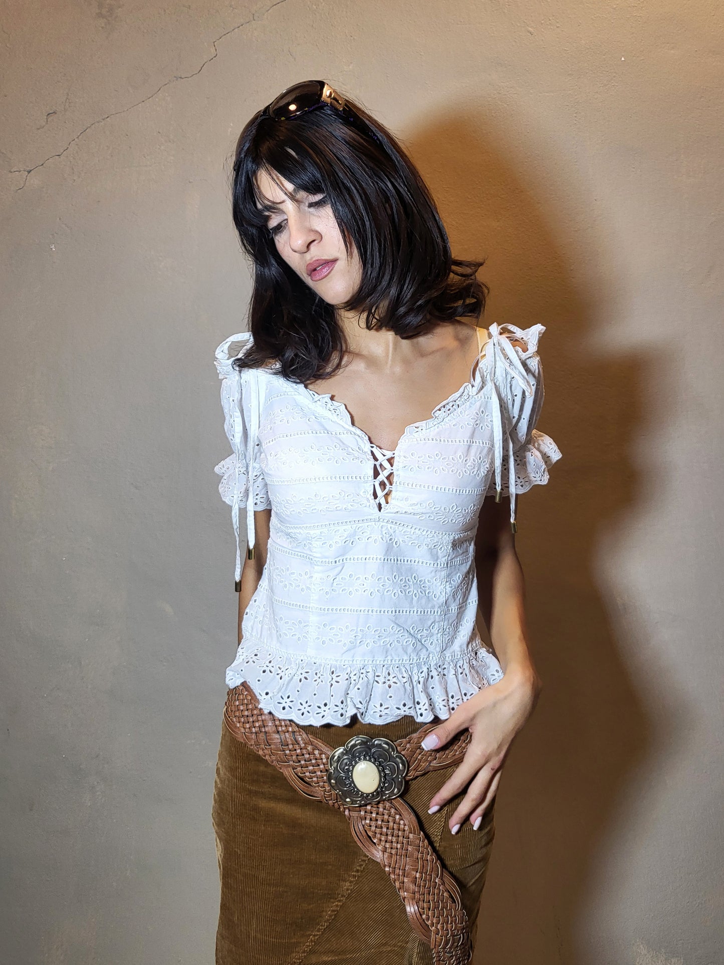 Guess Eyelet Lace-Up Peplum Top