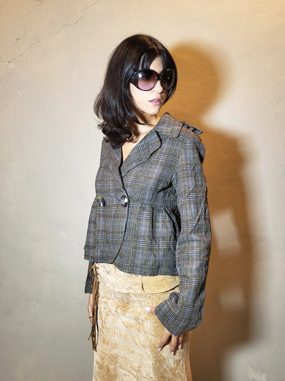 Vintage Cropped Plaid Tailored Jacket