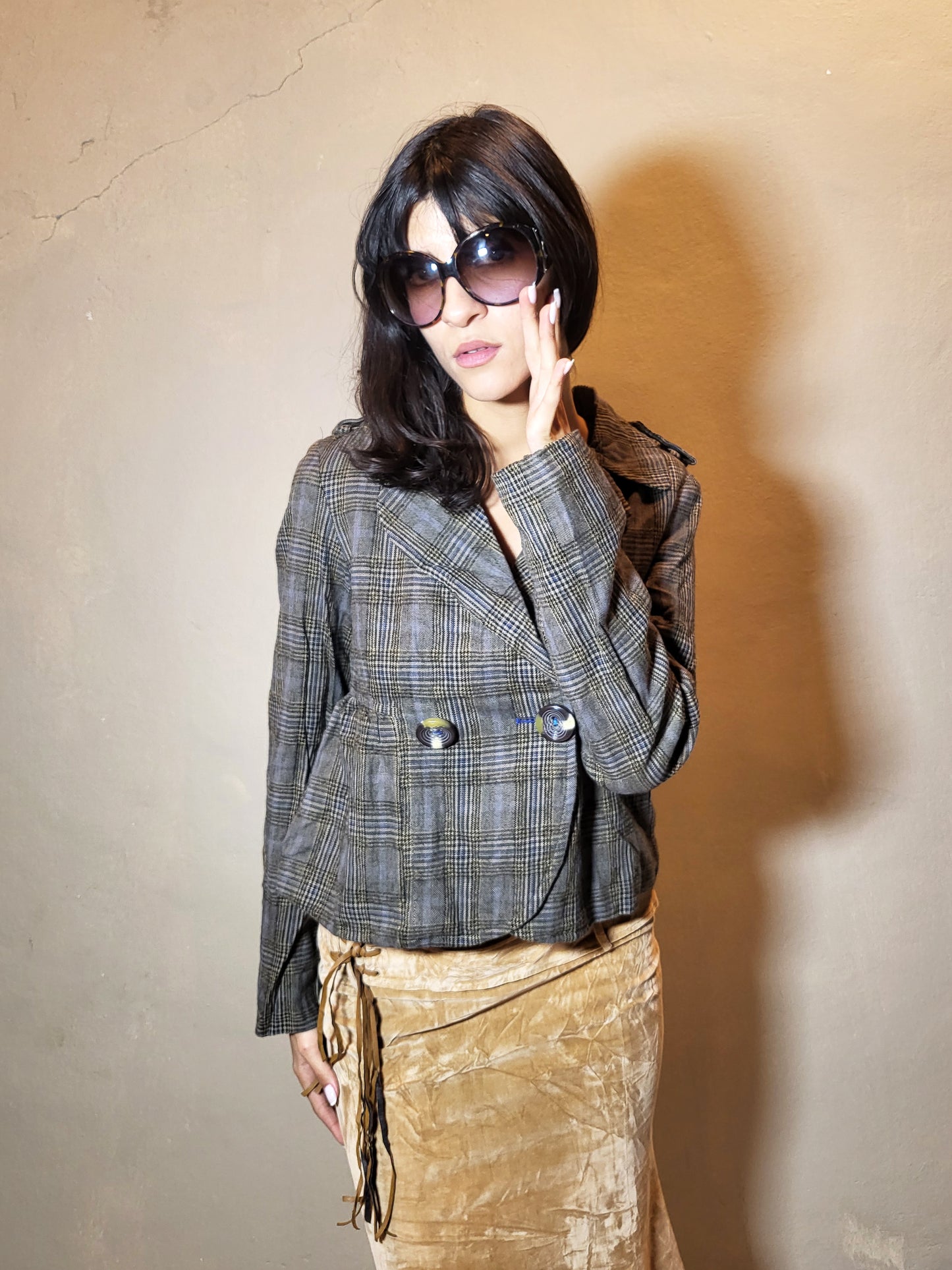 Vintage Cropped Plaid Tailored Jacket