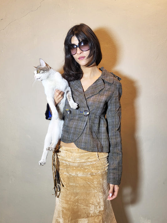 Vintage Cropped Plaid Tailored Jacket