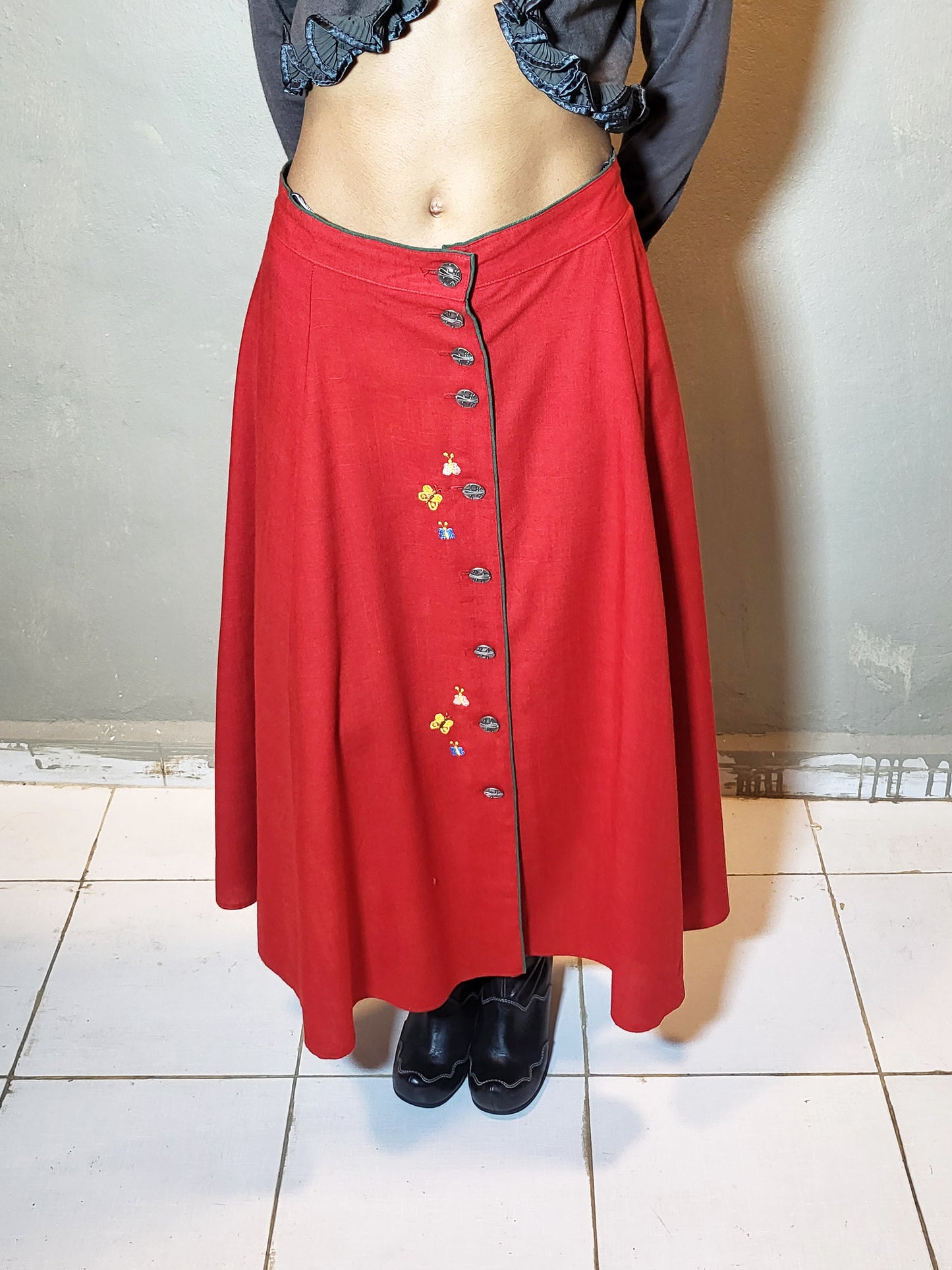 Embroidered Button-Front Midi Skirt