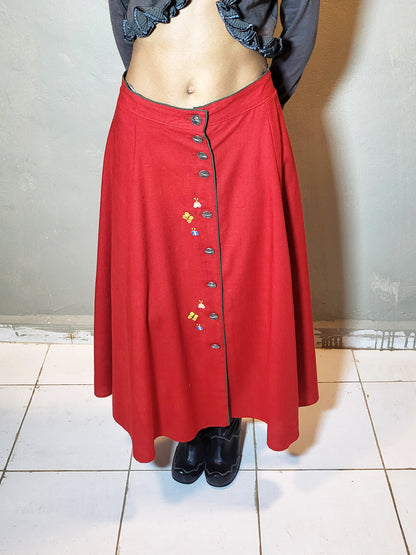 Embroidered Button-Front Midi Skirt