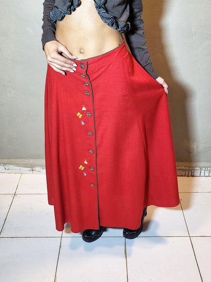 Embroidered Button-Front Midi Skirt