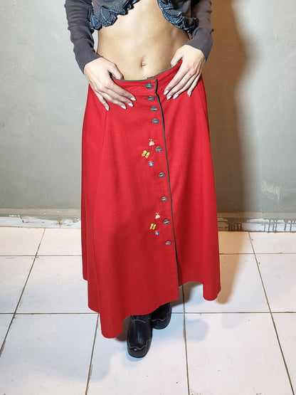 Embroidered Button-Front Midi Skirt