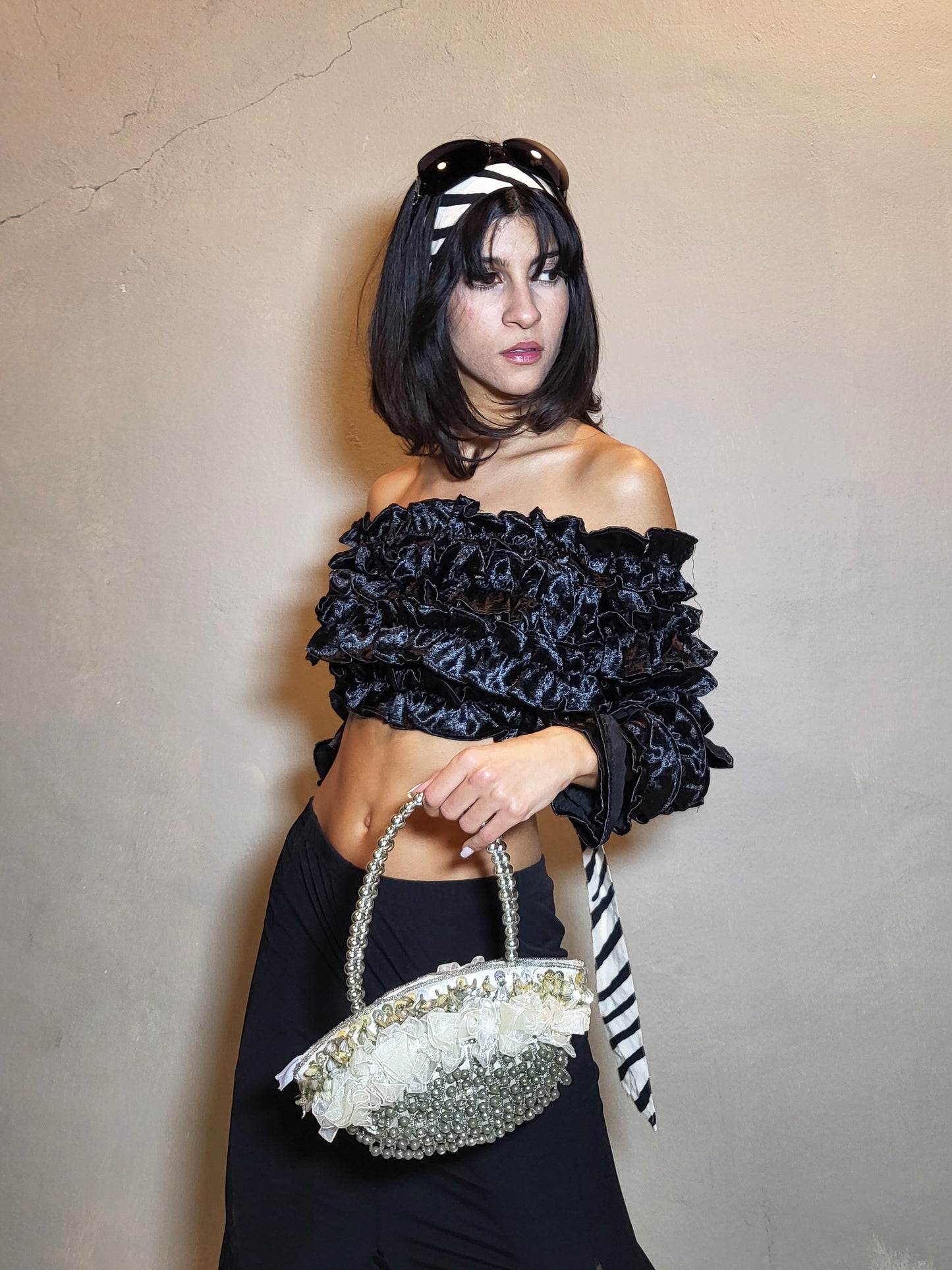 Black Ruffled Off-Shoulder Top