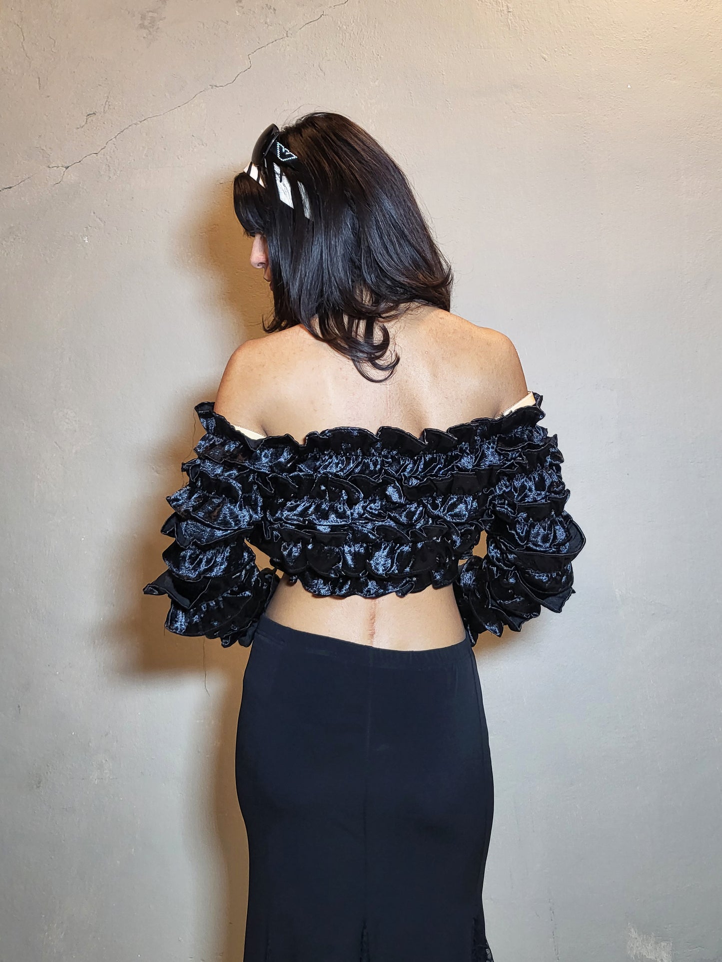 Black Ruffled Off-Shoulder Top