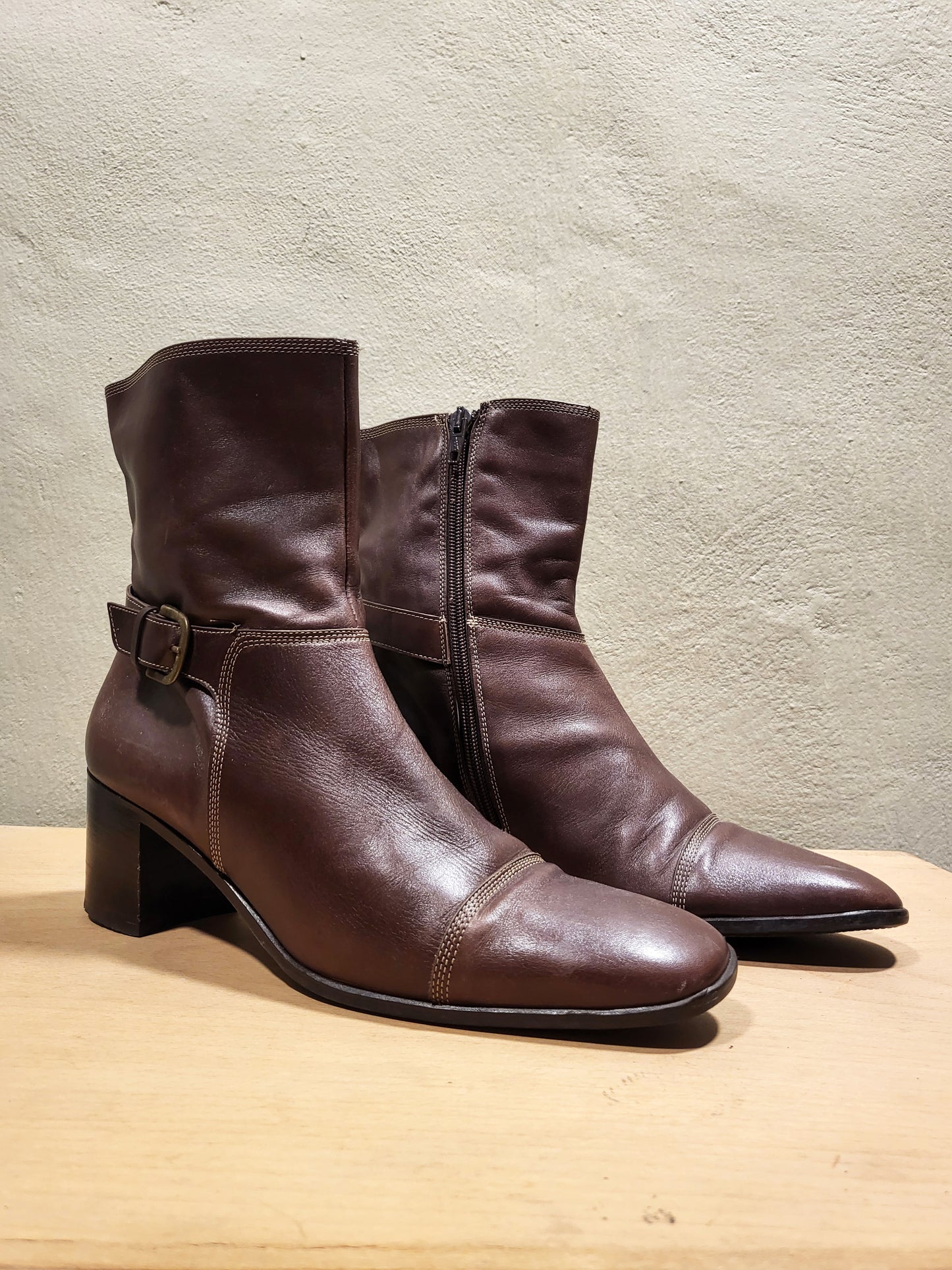 Chocolate Brown Leather Heeled Ankle Boots