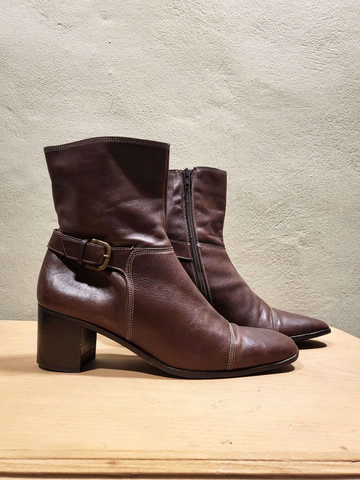 Chocolate Brown Leather Heeled Ankle Boots