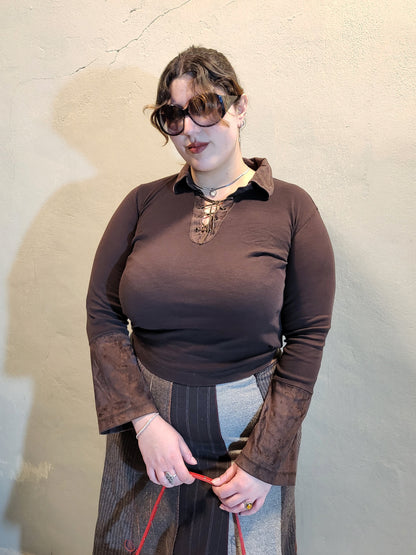 Brown Lace-Up Long Sleeve Top