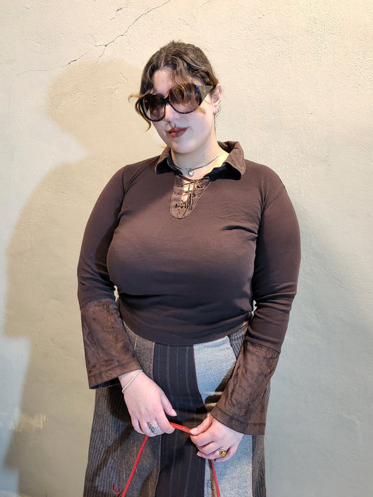 Brown Lace-Up Long Sleeve Top