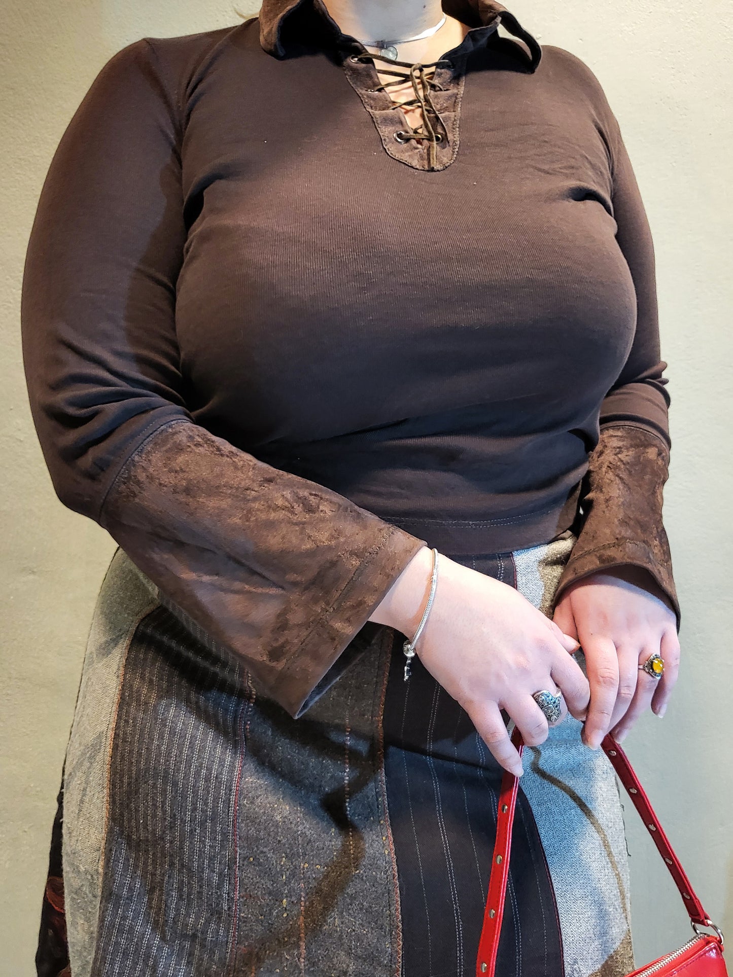 Brown Lace-Up Long Sleeve Top