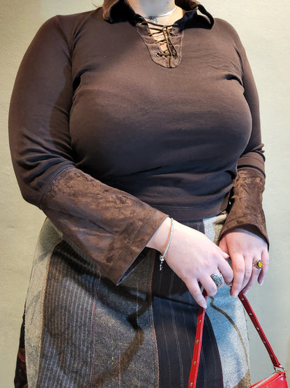 Brown Lace-Up Long Sleeve Top
