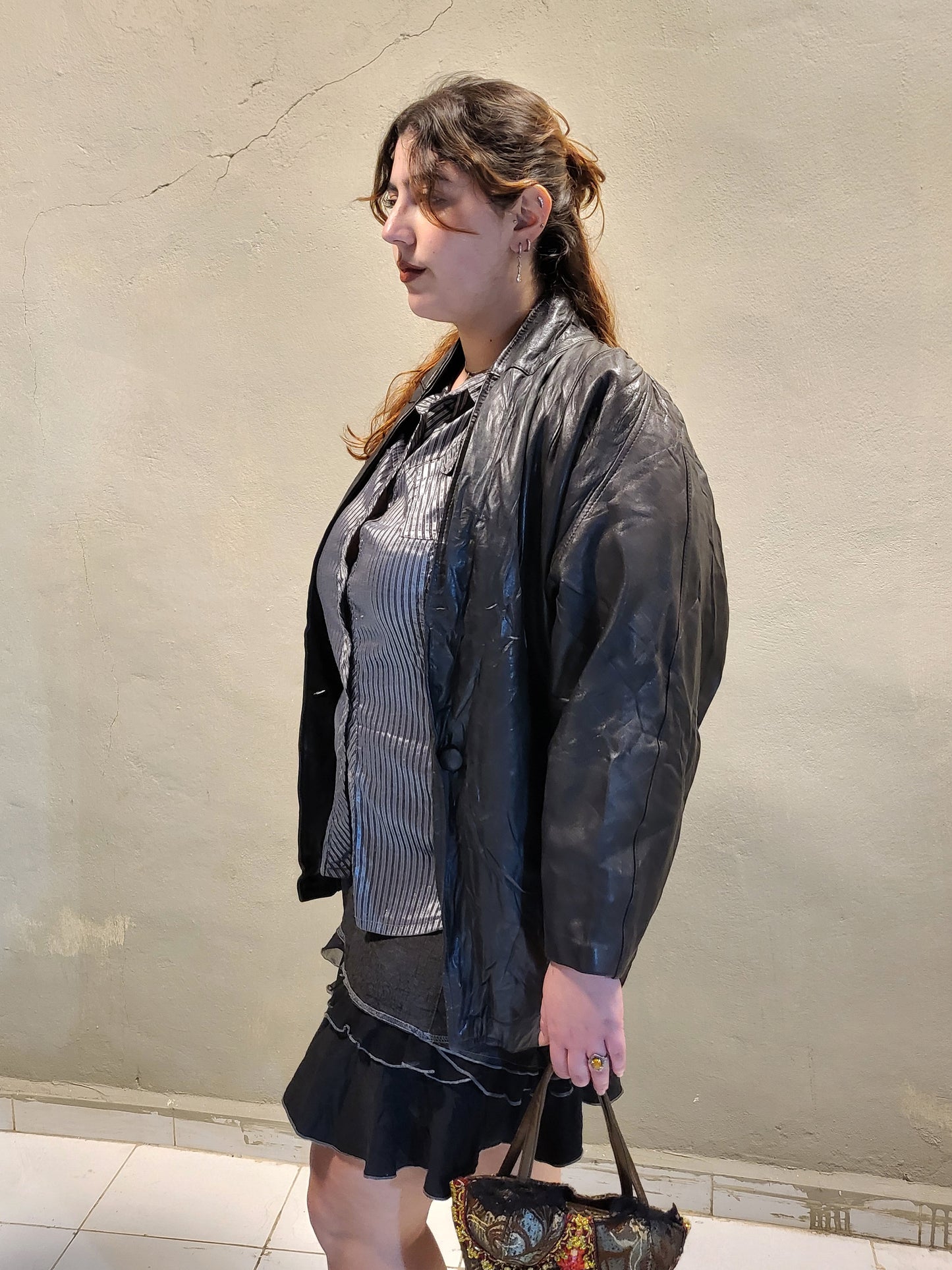 Vintage Black Leather Oversized Jacket