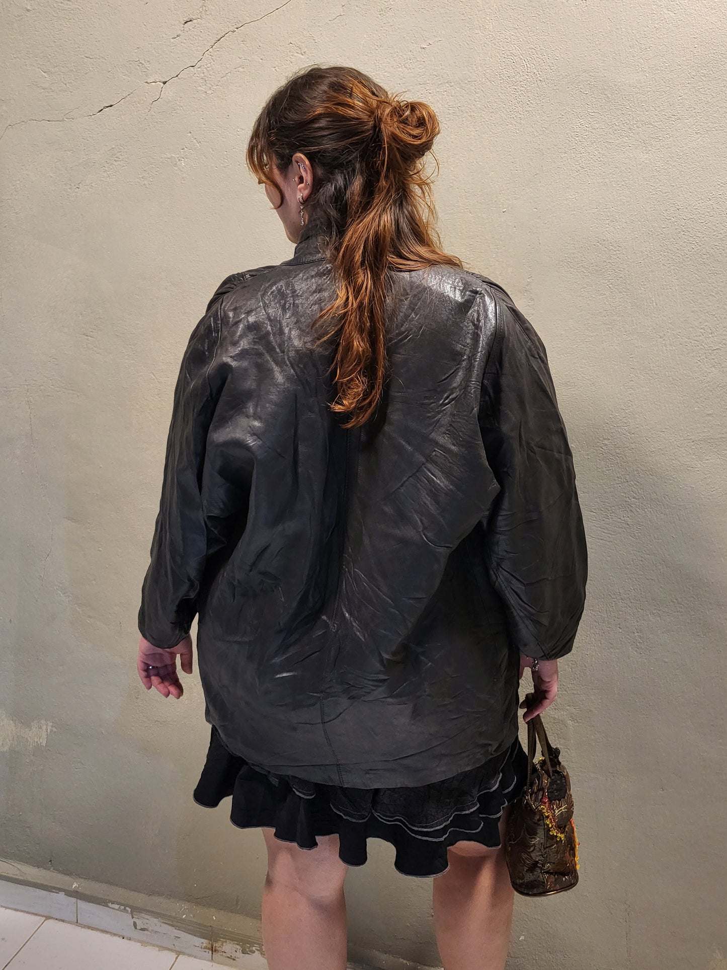 Vintage Black Leather Oversized Jacket