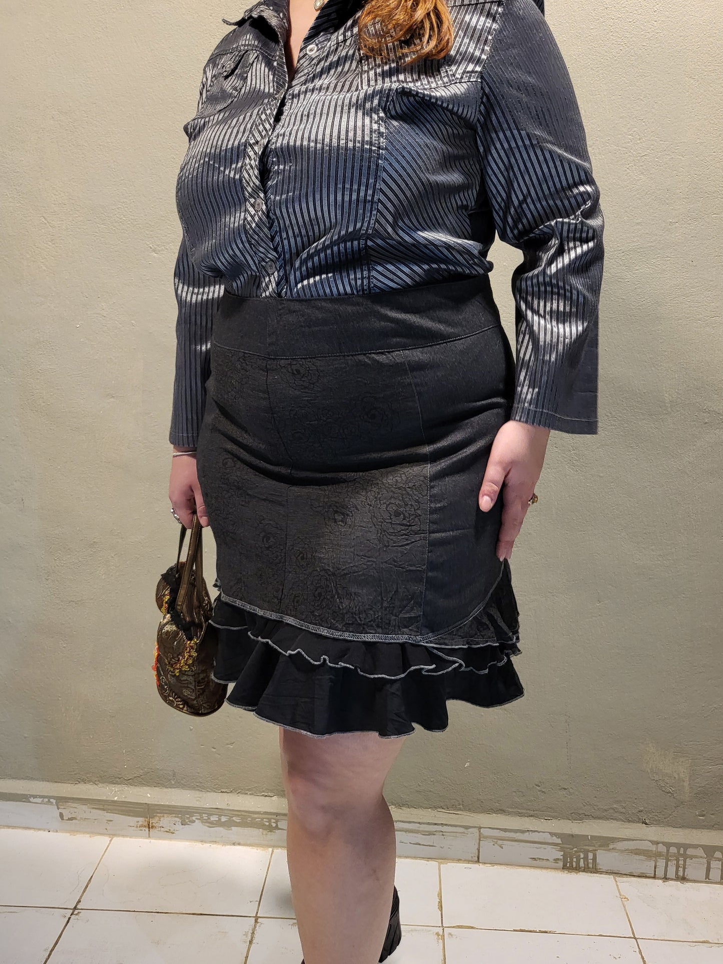 Sheer-Trim Black Midi Skirt