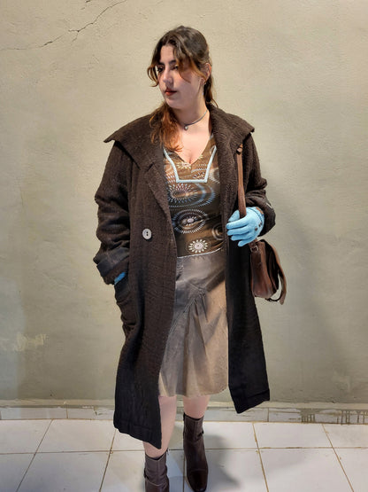 Textured Wool-Blend Brown Coat