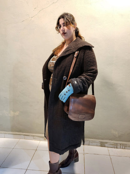 Textured Wool-Blend Brown Coat